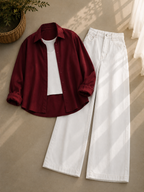 Maroon Button Down Shirt With White Inner and White Wide Leg Jeans