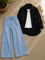 Black Button Down Shirt With White Inner and Ice-Blue Wide Leg Jeans