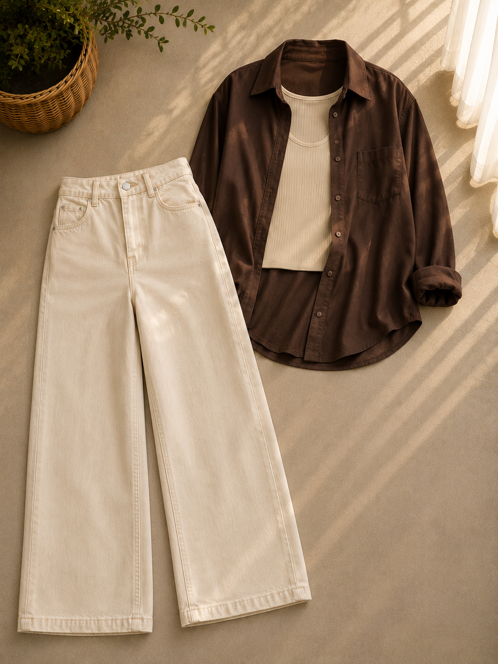 Brown Button Down Shirt With Beige Inner and Beige Wide Leg Jeans