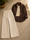 Brown Button Down Shirt With Beige Inner and Beige Wide Leg Jeans