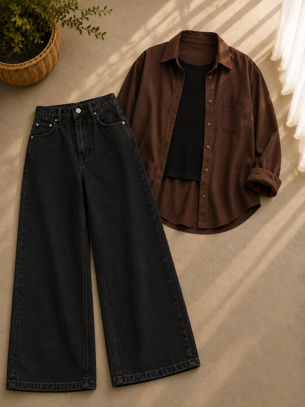 Brown Button Down Shirt With Black Inner and Black Wide Leg Jeans