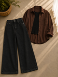 Brown Button Down Shirt With Black Inner and Black Wide Leg Jeans