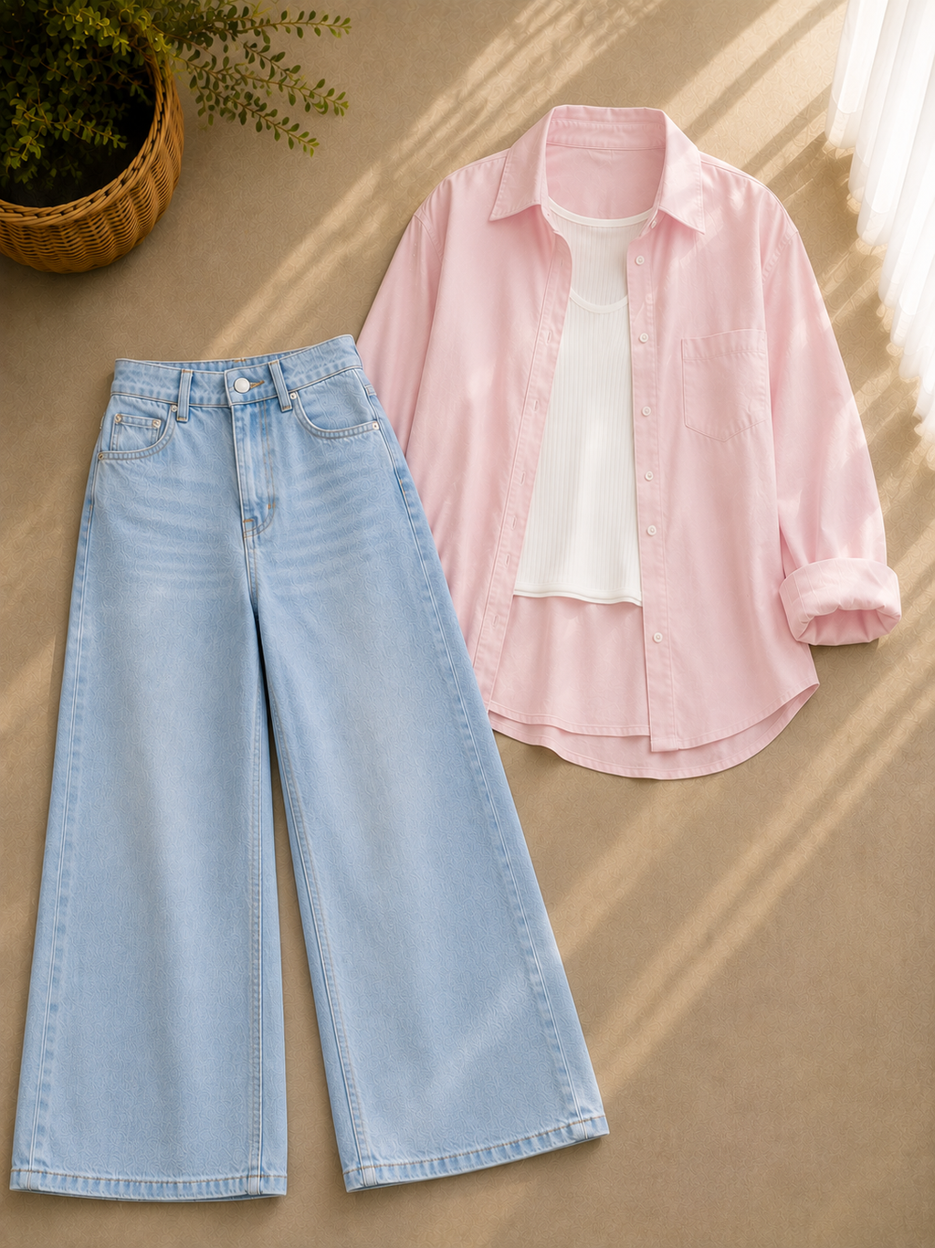 Baby-Pink Button Down Shirt With White Inner and Ice-Blue Wide Leg Jeans