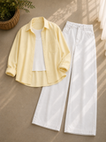 Butter-Yellow Button Down Shirt With White Inner and White Wide Leg Jeans