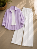 Lilac Button Down Shirt With White Inner and White Wide Leg Jeans