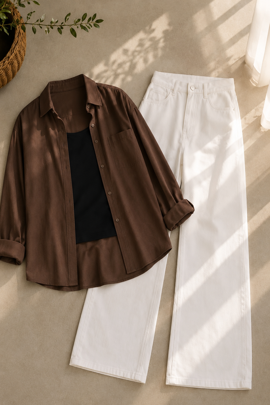 Brown Button Down Shirt With Black Inner and White Wide Leg Jeans