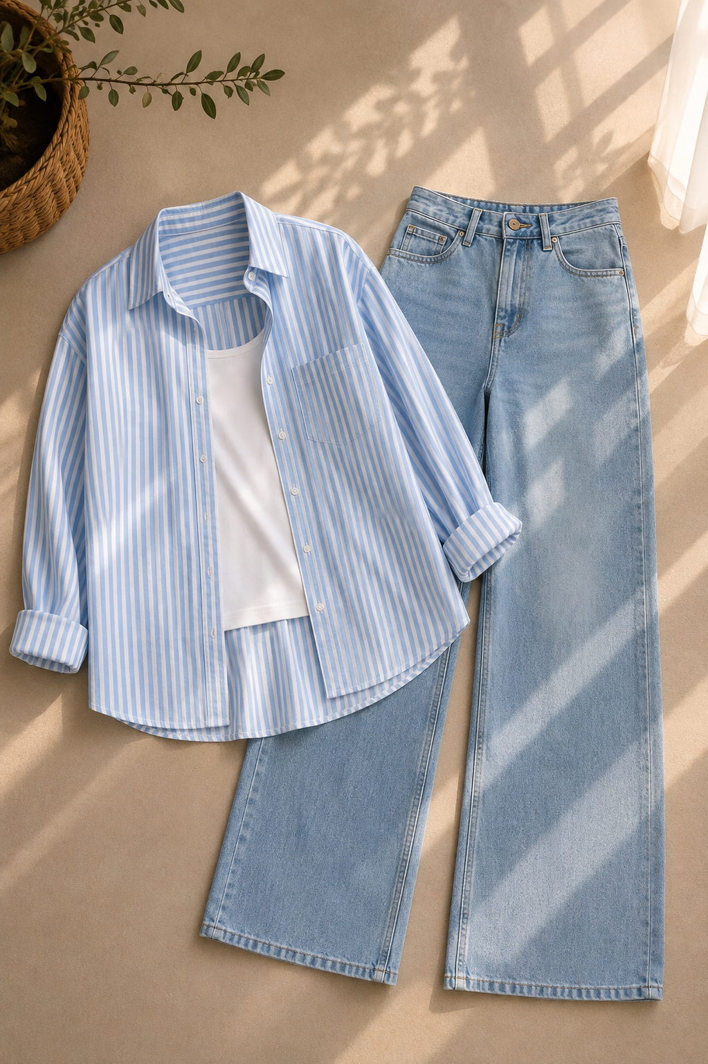Blue Lining Button Down Shirt With White Inner and Ice-Blue Wide Leg Jeans