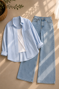 Blue Lining Button Down Shirt With White Inner and Ice-Blue Wide Leg Jeans