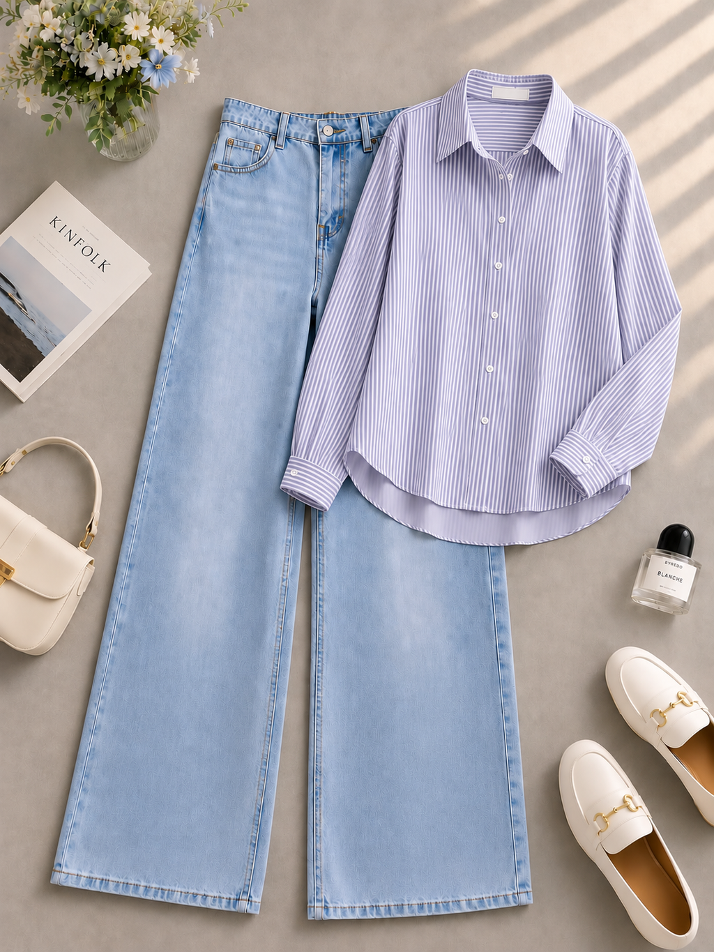 Blue Lining Button Down Shirt & Shaded Ice-Blue Wide Leg Jeans