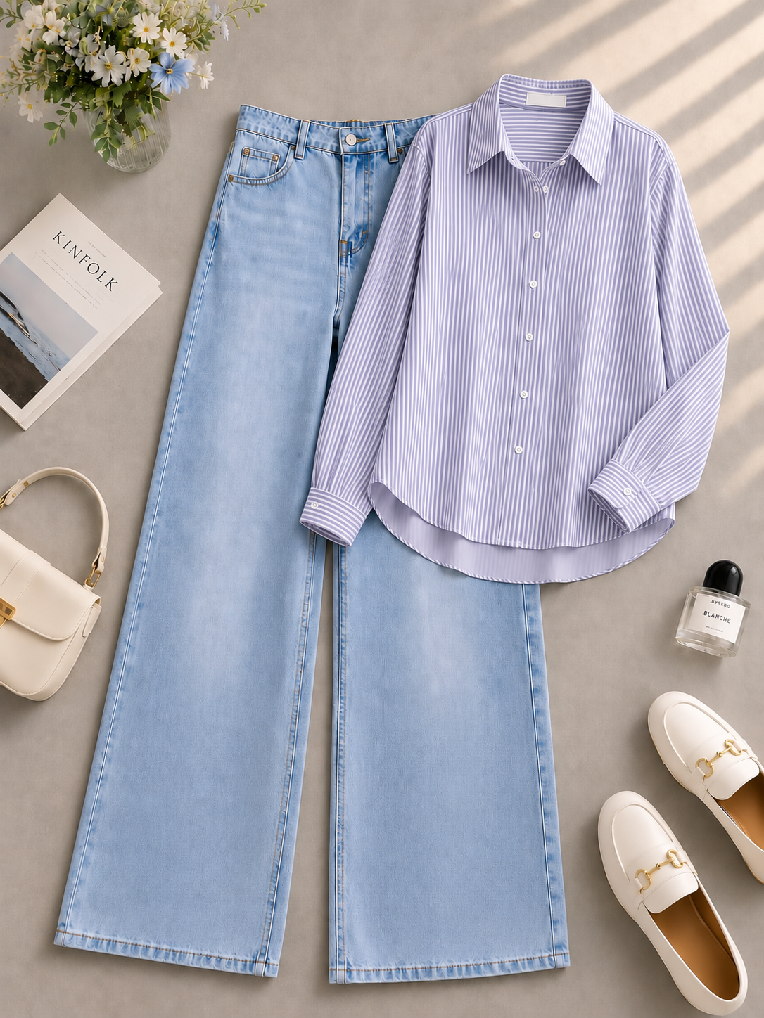Blue Lining Button Down Shirt & Shaded Ice-Blue Wide Leg Jeans