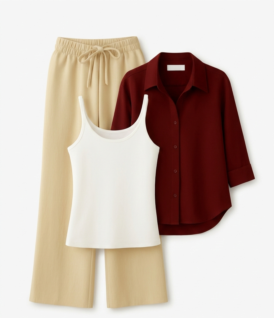 Maroon Button Down Shirt With White Inner & Beige Flapper Trouser