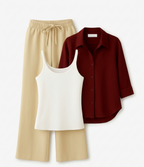 Maroon Button Down Shirt With White Inner & Beige Flapper Trouser
