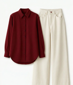 Maroon Button Down Shirt With White Wide Leg Jeans