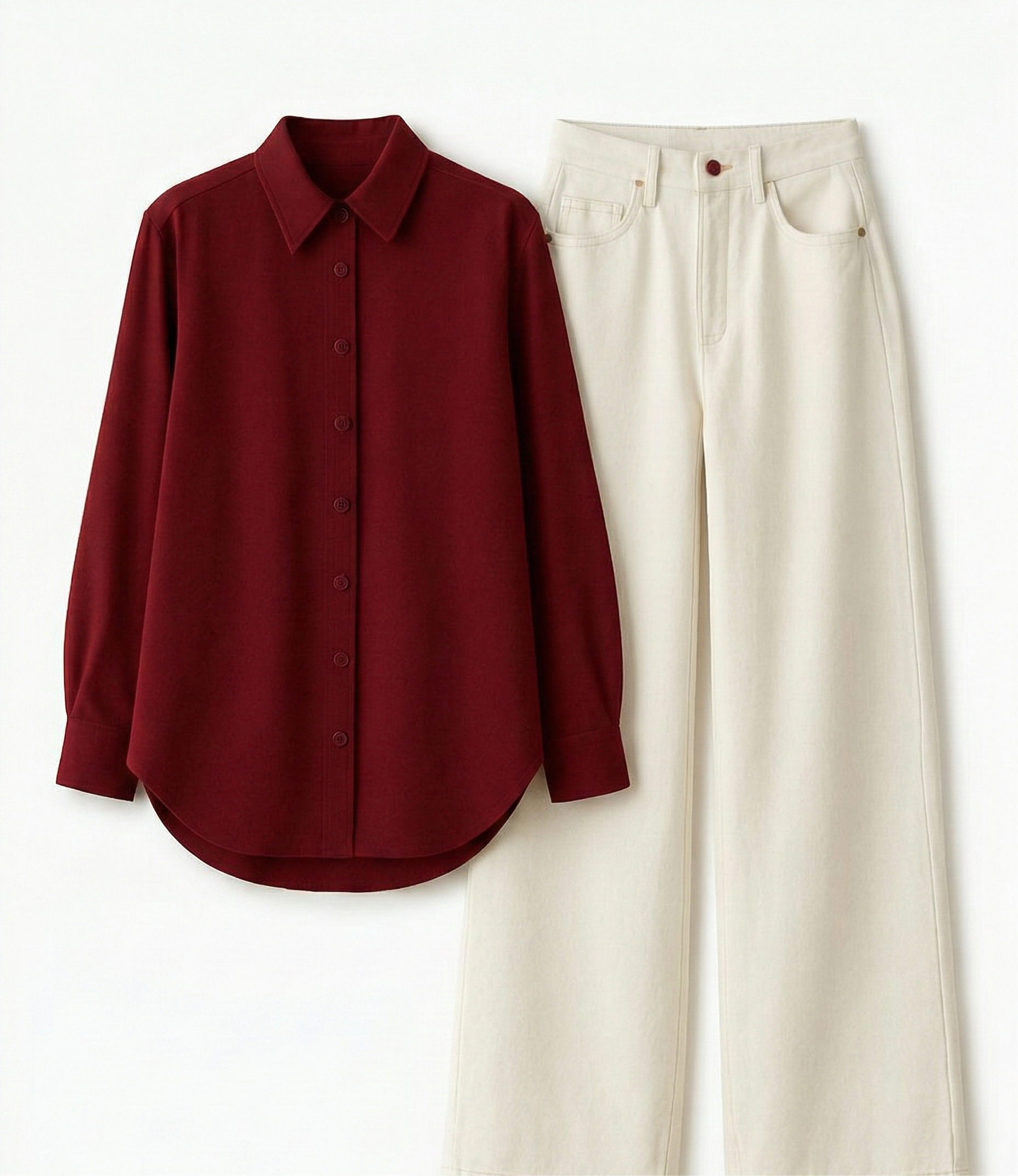 Maroon Button Down Shirt With White Wide Leg Jeans