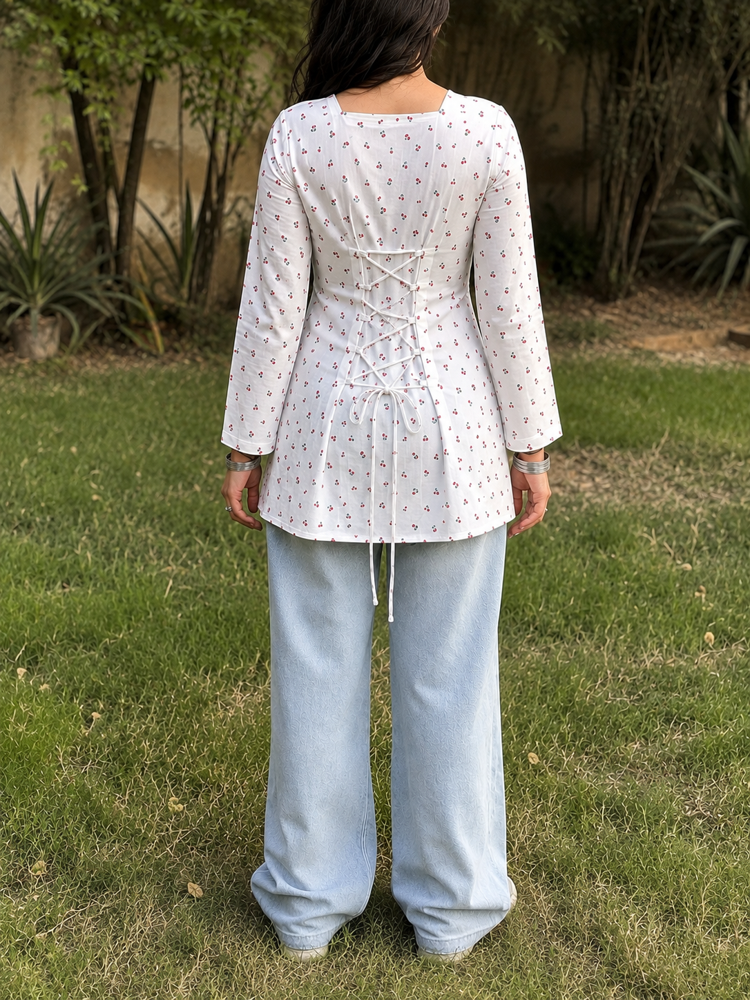 White Cherry Short kurti With Flared Sleeves
