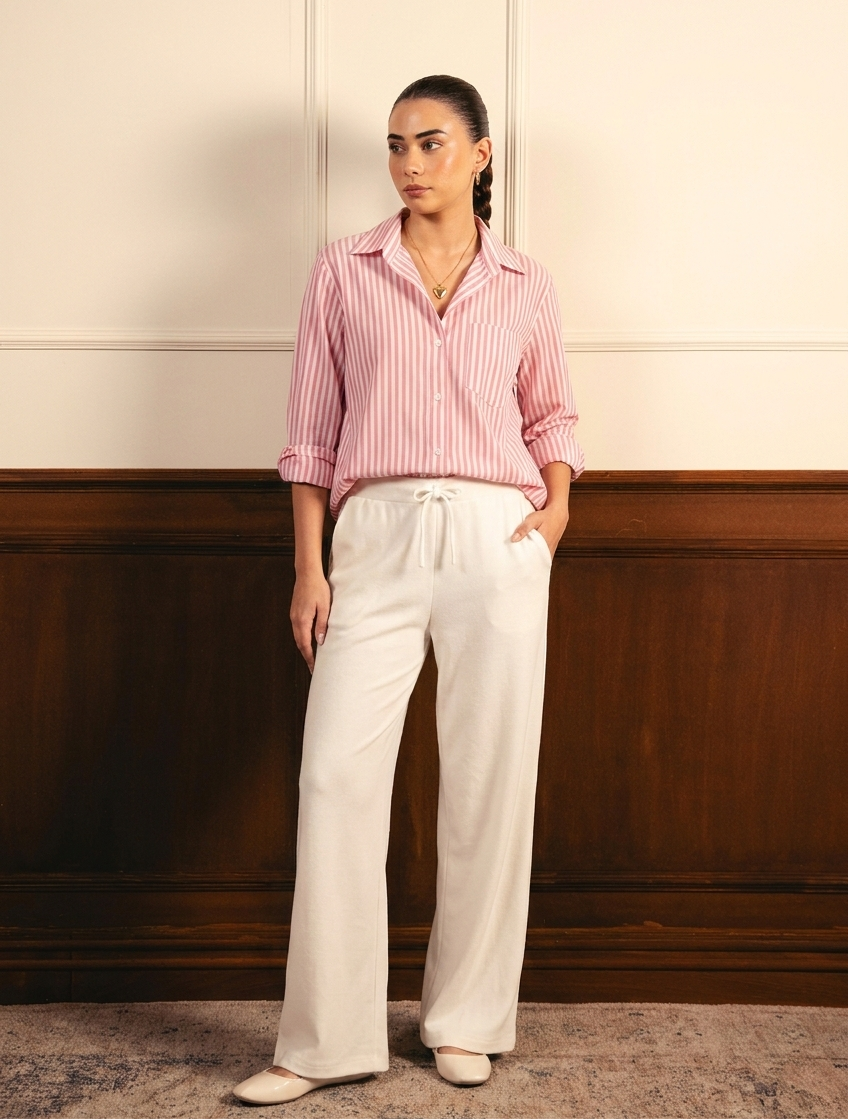 Baby Pink Lining Button Down Shirt With White Flapper Trouser