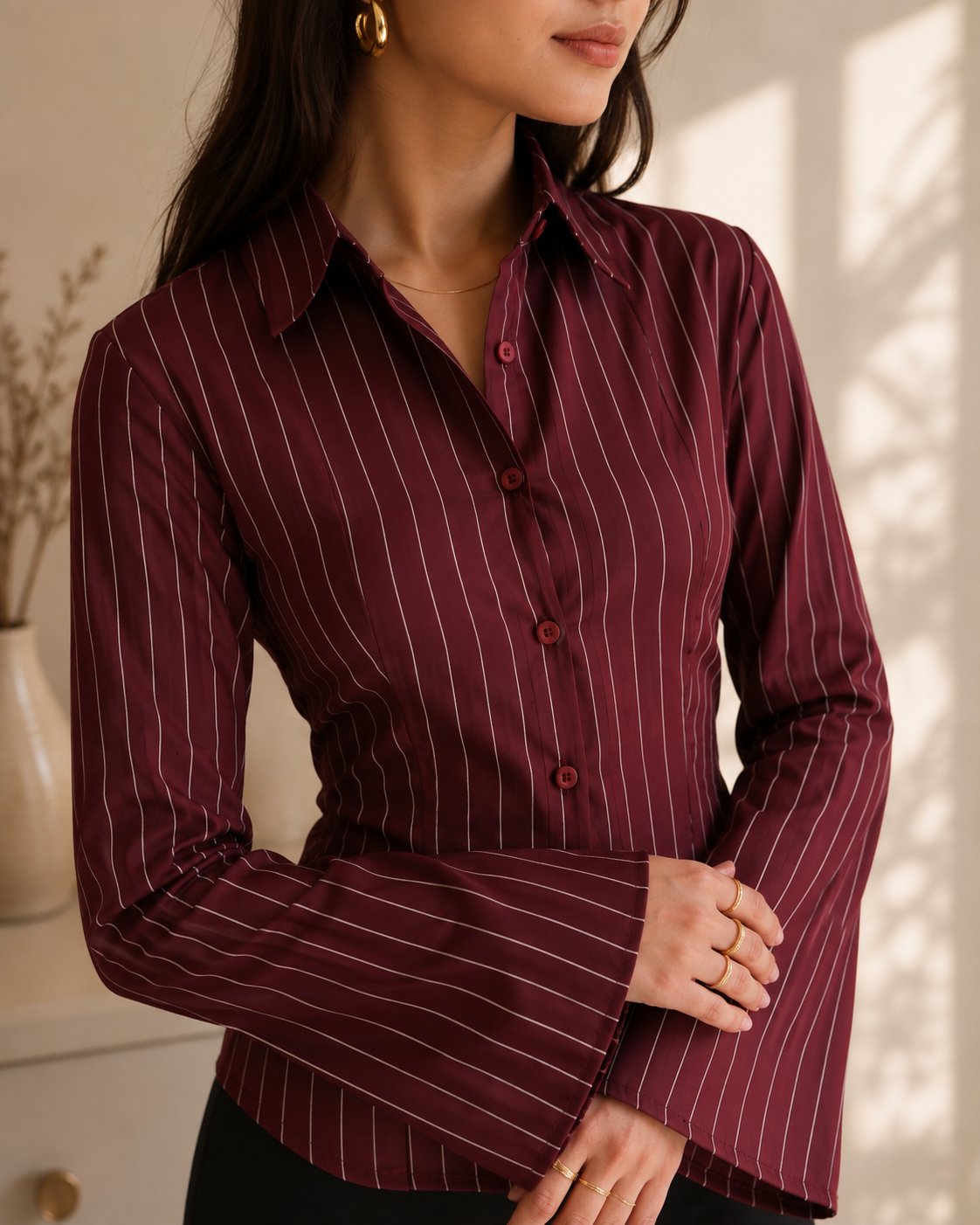 Wine Corset-Fitted Shirt With Flared Sleeves
