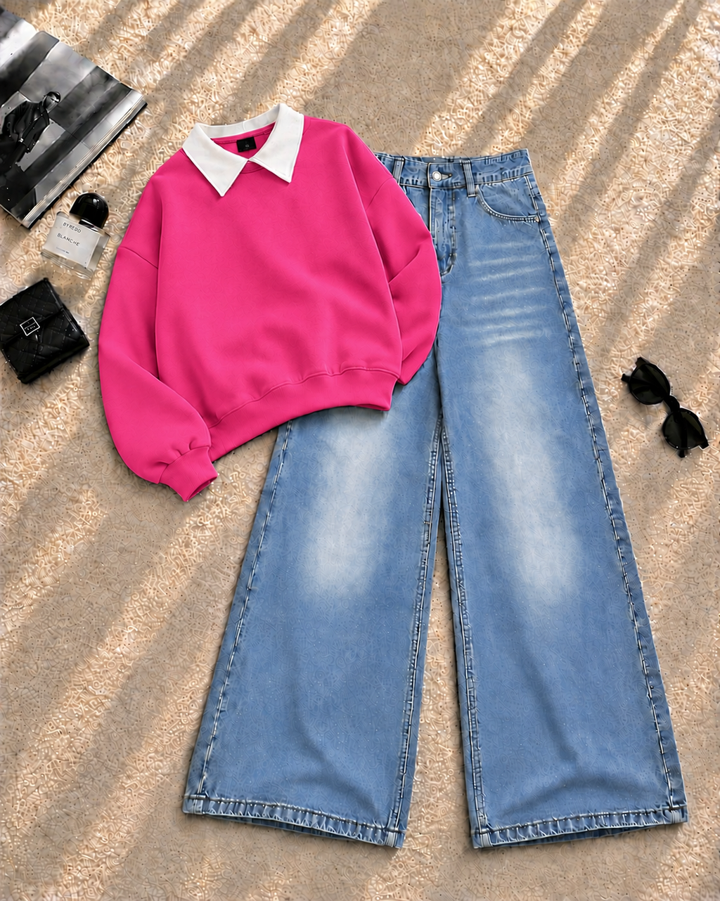 Collar Sweatshirt with Ice Blue Shaded Wide-Leg Jeans