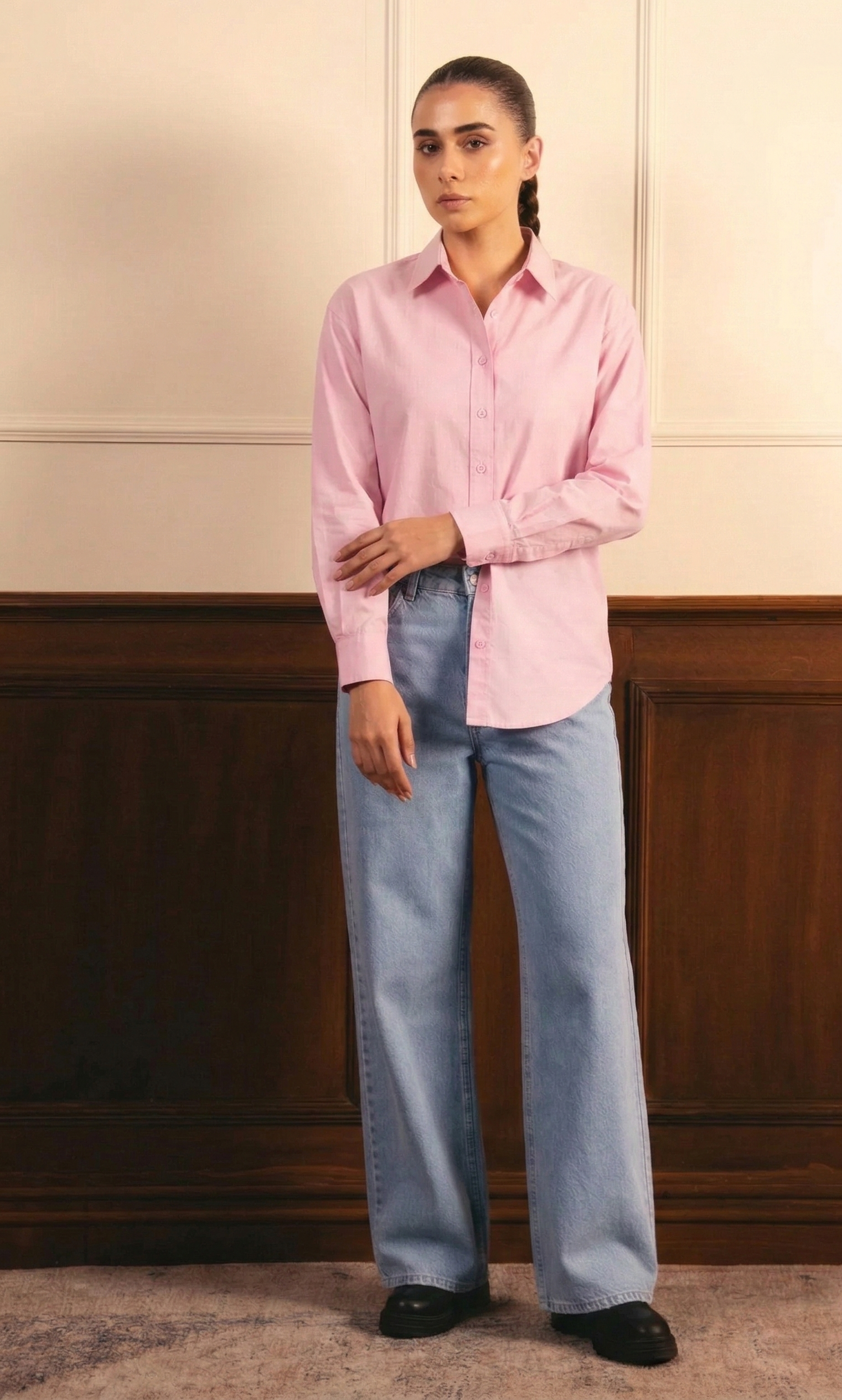 Baby Pink Button Down With Ice-Blue Wide Leg Jeans