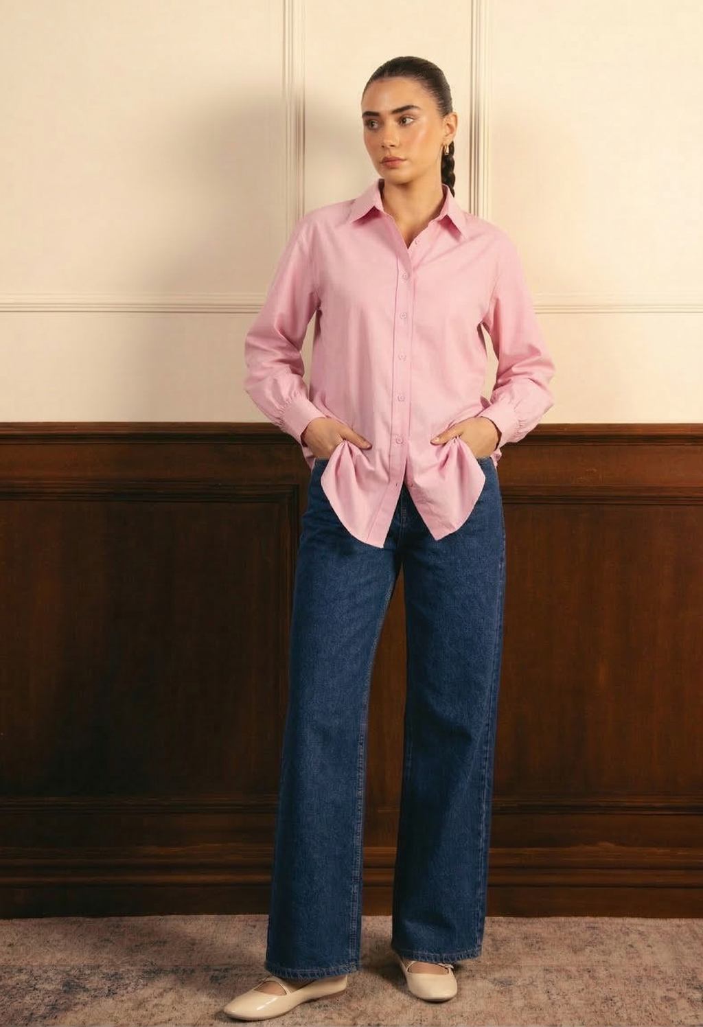 Baby Pink Button Down Shirt & Mid Blue Wide Leg Jeans