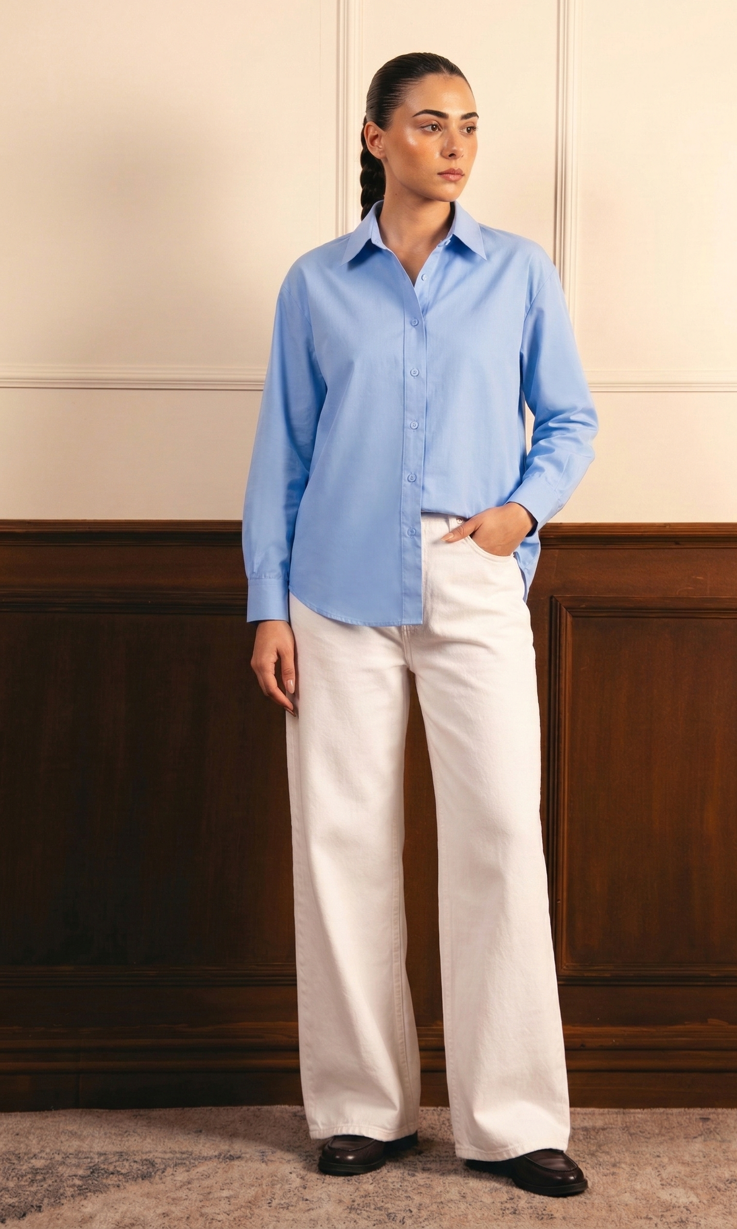 Sky-Blue Button Down Shirt & White Wide Leg Jeans