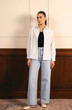 White Button Down Shirt With Black Inner & Ice-Blue Wide Leg Jeans