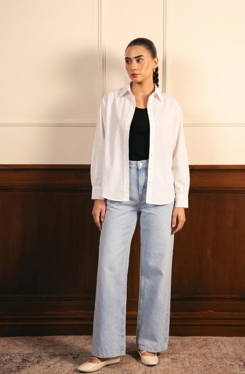 White Button Down Shirt With Black Inner & Ice-Blue Wide Leg Jeans