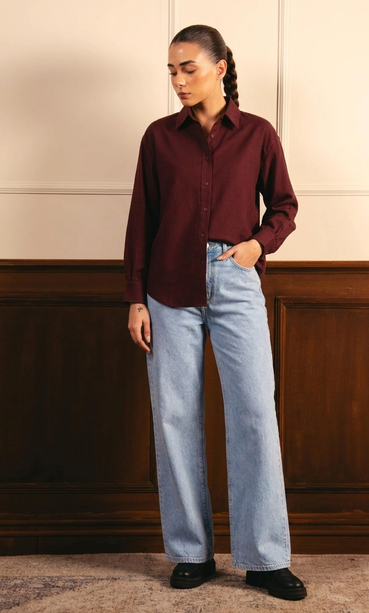 Maroon Buttom Down Shirt & Ice-Blue Wide Leg Jeans