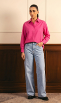 Hot Pink Button Down Shirt & Ice-Blue Wide Leg Jeans