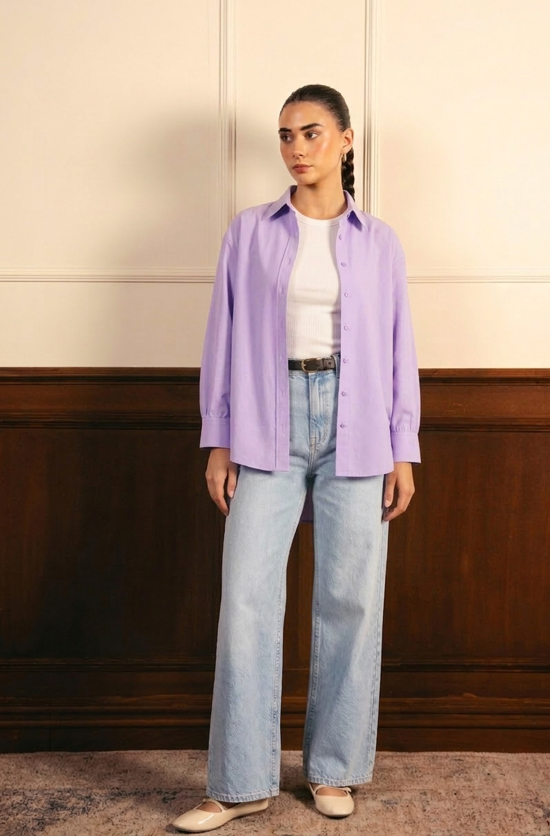 Lilac Button Down Shirt with Inner & Ice-Blue Wide Legs Jeans