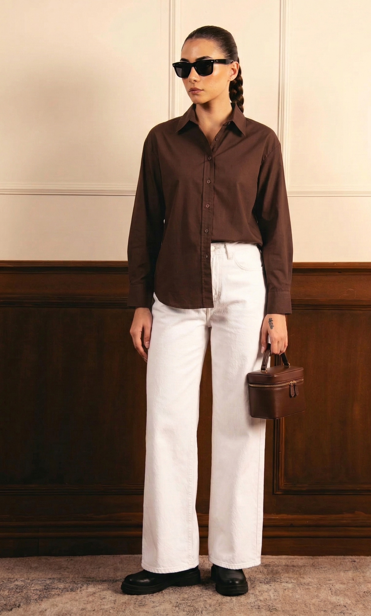 Dark Brown Button Down Shirt & White Wide Leg Jeans