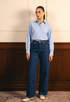 Sky Blue Button Down Shirt & Mid Blue Wide Leg Jeans
