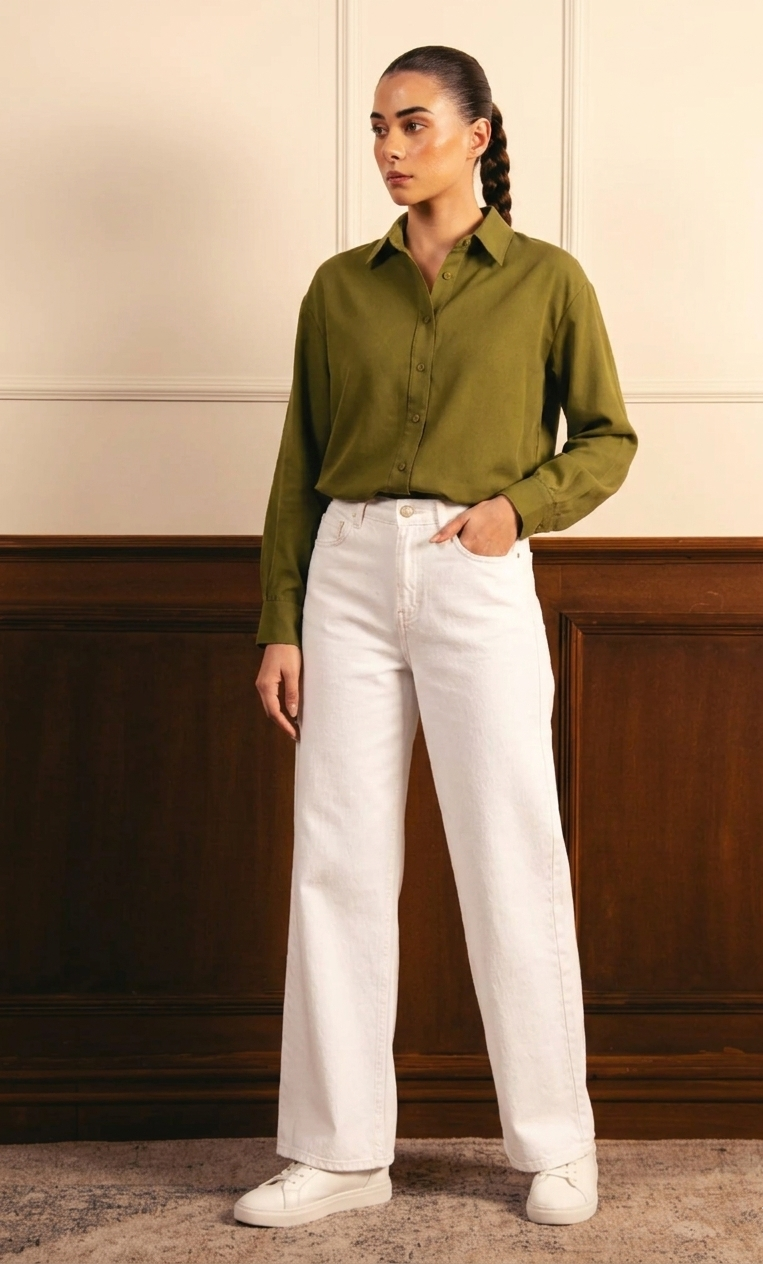 Olive Green Button Down Shirt & White Wide Leg Jeans