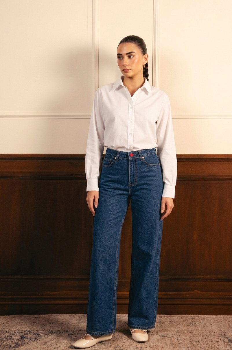 White Button Down Shirt & Mid Blue Wide Leg Jeans