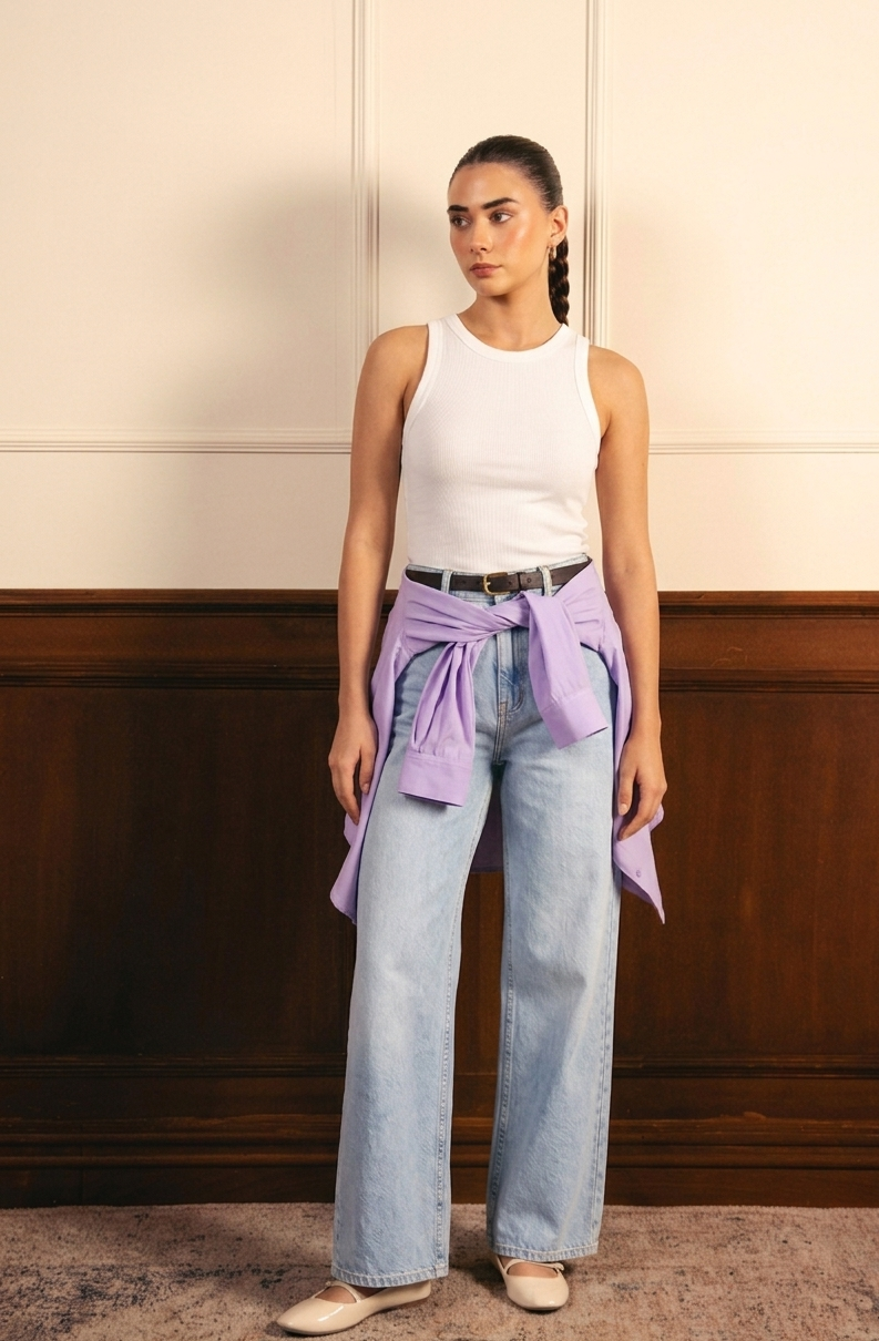 Lilac Button Down Shirt with Inner & Ice-Blue Wide Legs Jeans