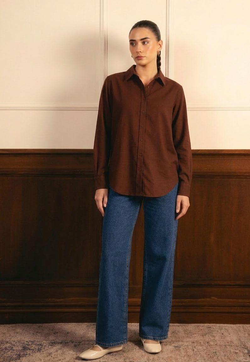 Brown Button Down Shirt & Mid Blue Wide Leg Jeans
