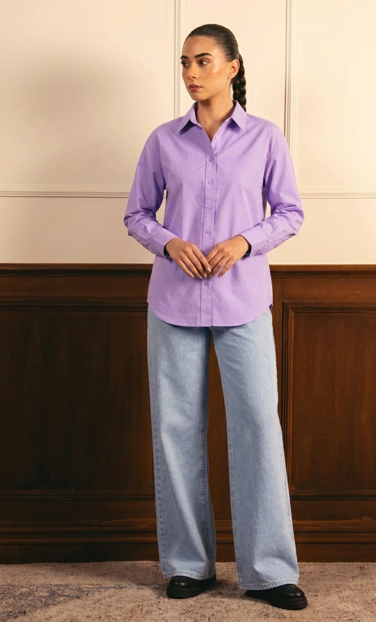 Lilac Button Down Shirt & Ice-Blue Wide Leg Jeans