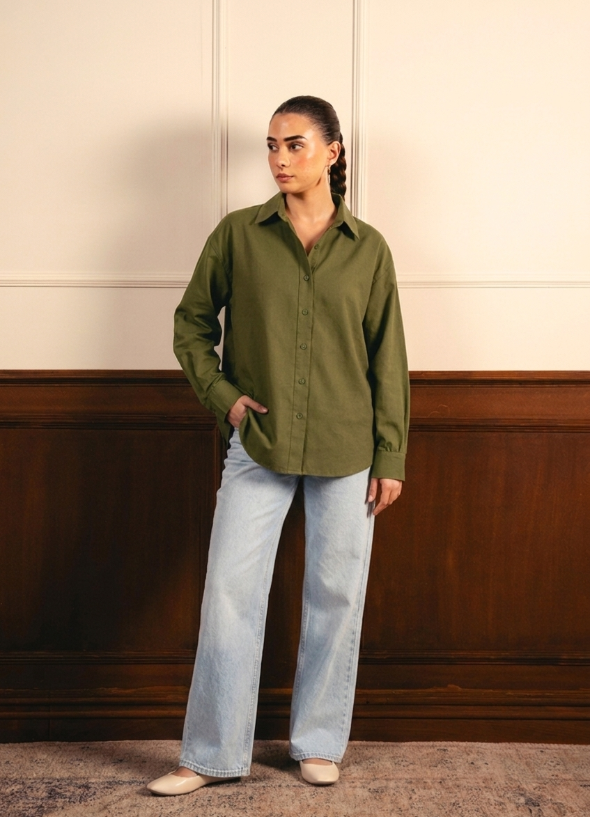 Olive Green Button Down Shirt & Ice-Blue Wide Leg Jeans