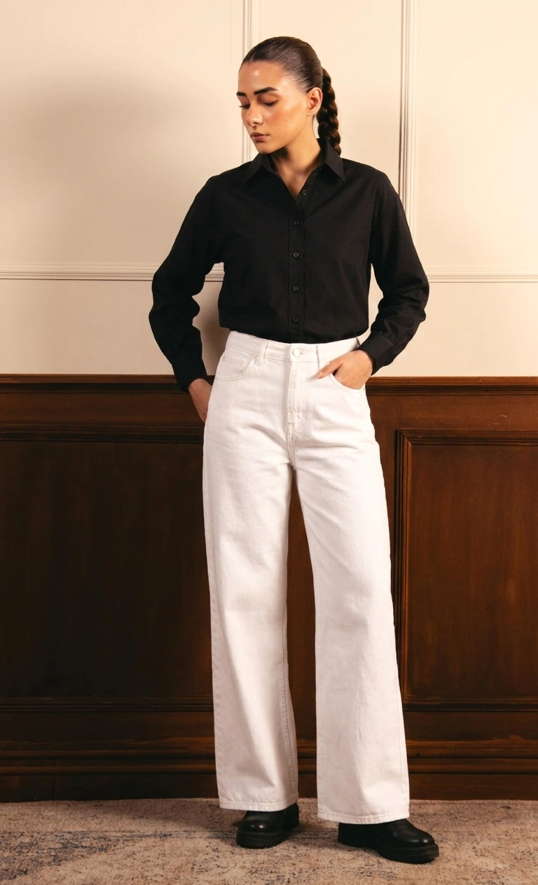 Black Button Down Shirt & White Wide Leg Jeans