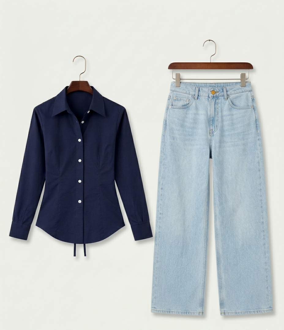 Navy Blue Fitted Button Down & IceBlue Wide Leg Jeans