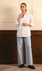 White Button Down Shirt & Ice-Blue Wide Leg Jeans