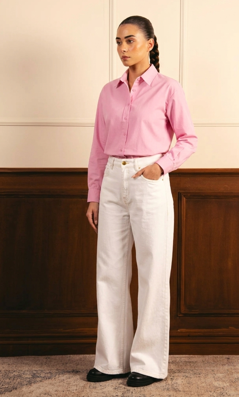 Baby Pink Button Down Shirt & White Wide Leg Jeans