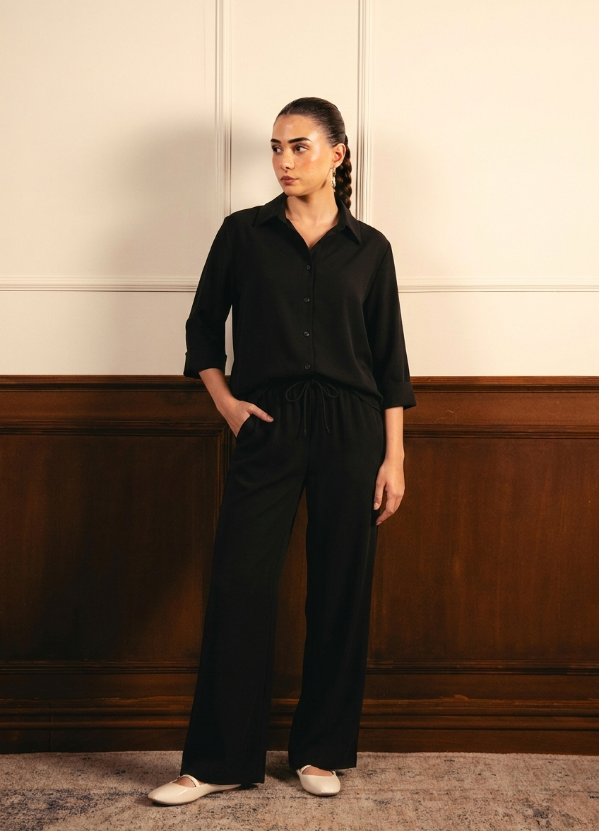 Black Button Down Shirt & Black Flapper Trouser