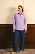 Lilac Button Down Shirt & Mid Blue Wide Leg Jeans