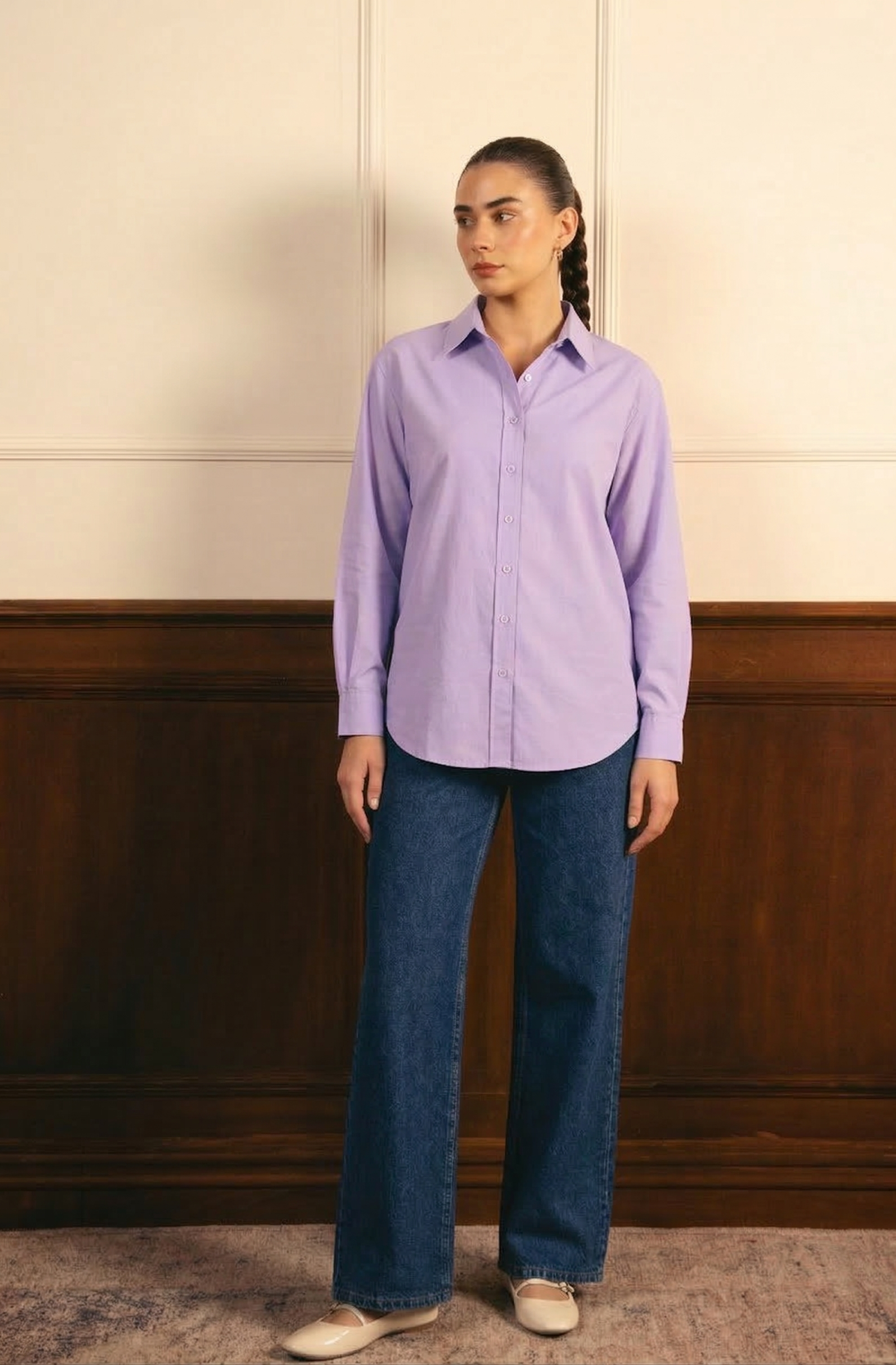 Lilac Button Down Shirt & Mid Blue Wide Leg Jeans