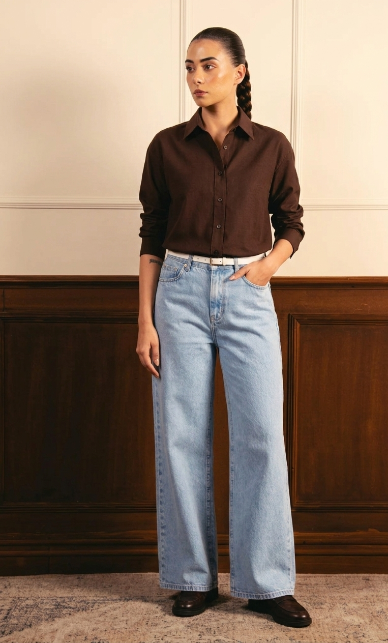 Brown Button Down Shirt & Ice-Blue Wide Leg Jeans