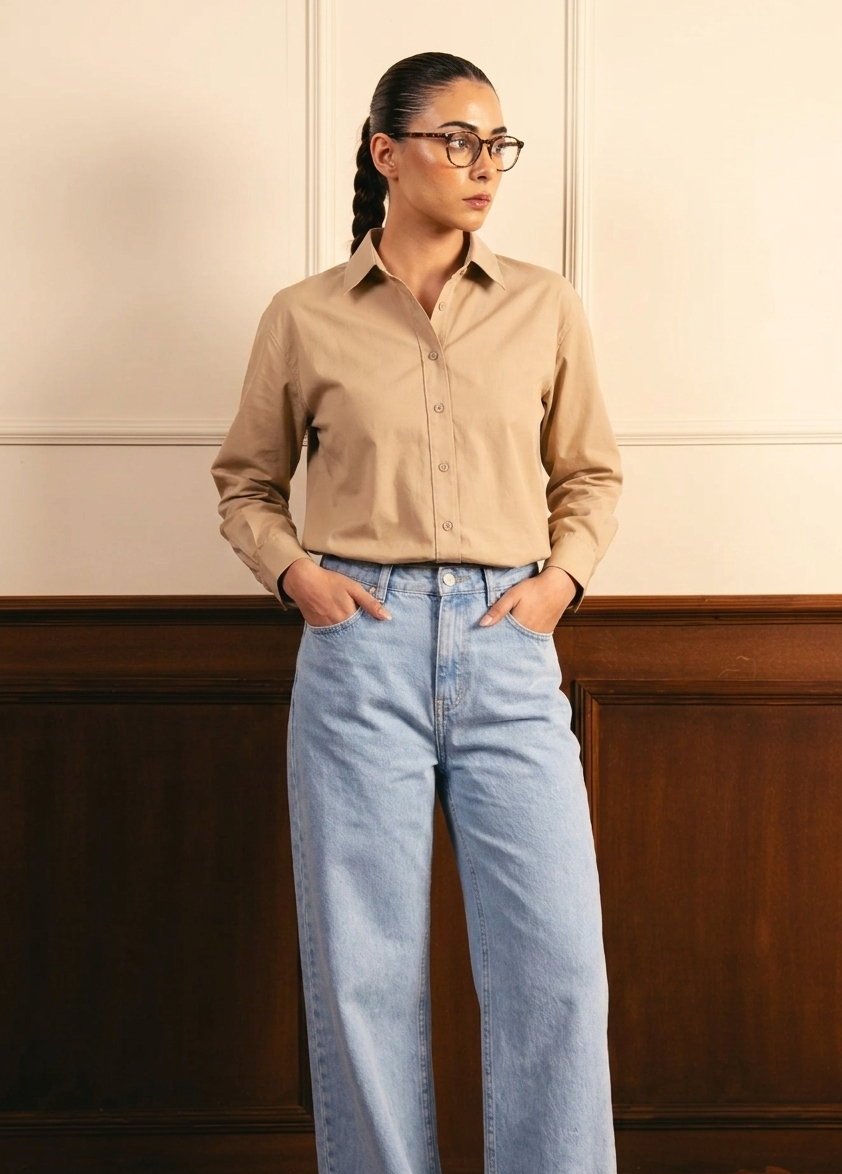 Beige Button Down Shirt & Ice-Blue Wide Leg Jeans