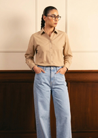 Beige Button Down Shirt & Ice-Blue Wide Leg Jeans