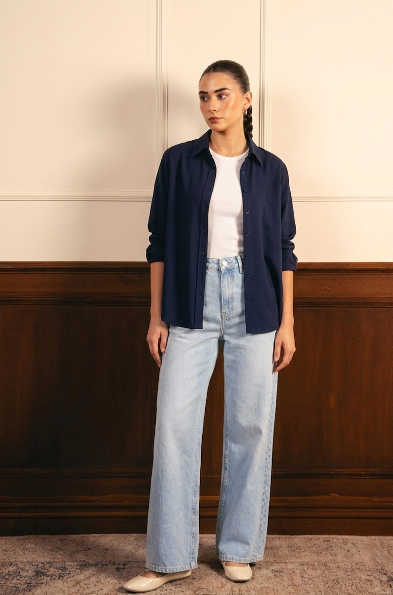 Navy Blue Button Down Shirt with Inner & Ice-Blue Wide Legs Jeans