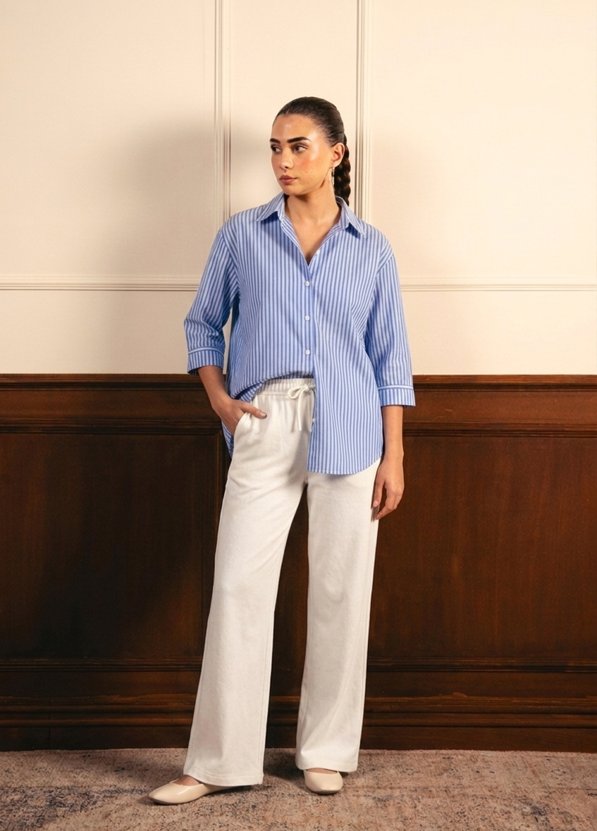 Blue Lining Button Down Shirt & White Flapper Trouser
